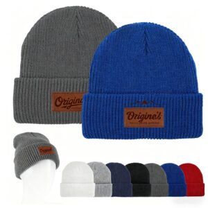 Cuffed Knit Beanie With Faux Leather Patch