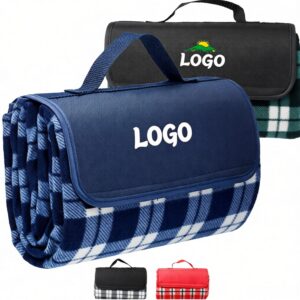 Fleece Blanket w/ Grid Pattern Design & Woven Handle Roll Up