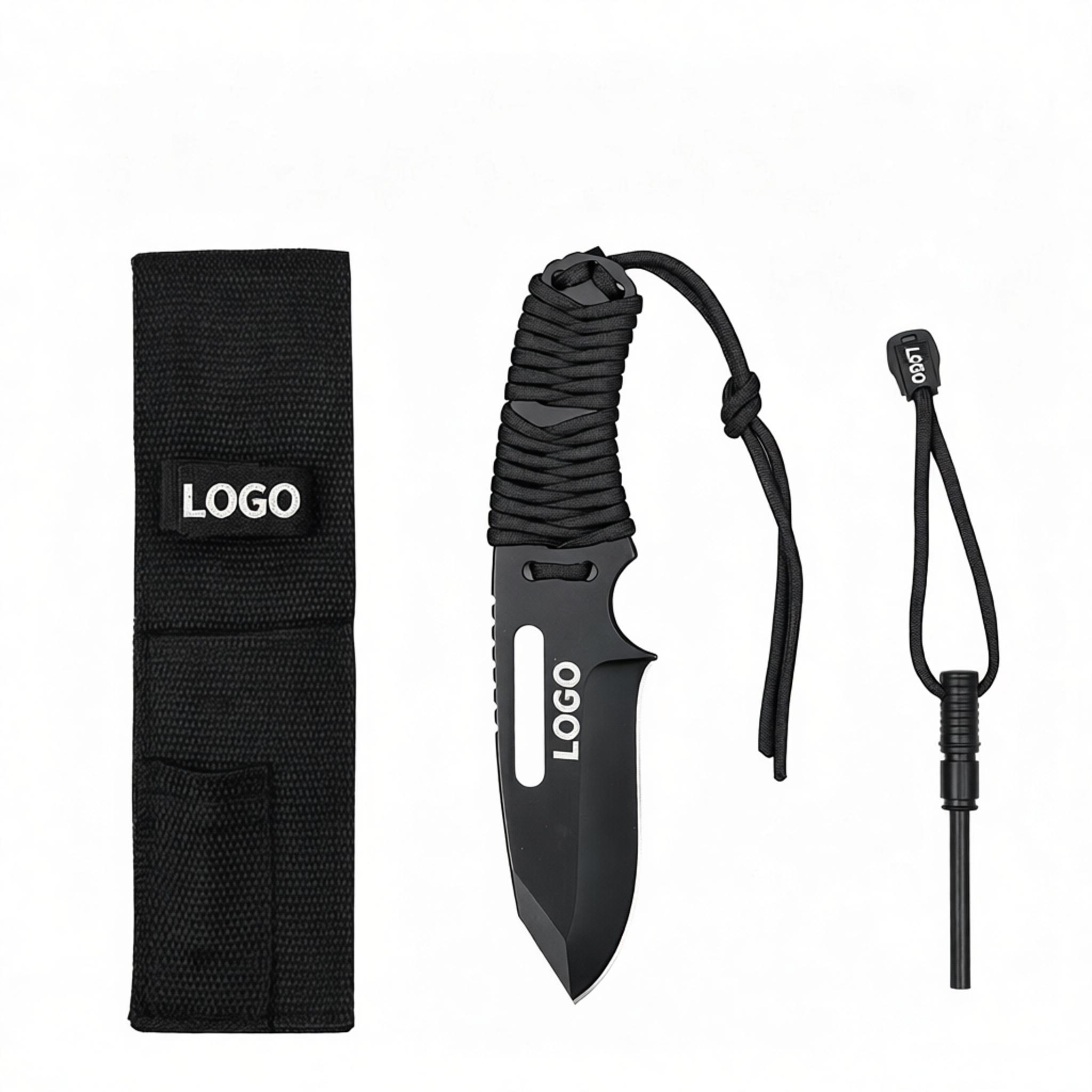 Large Black Paracord Survival Knife w/Fire Starter