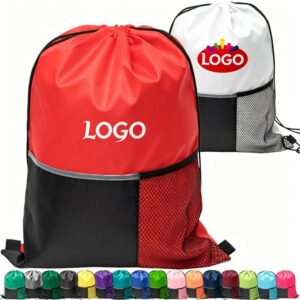 Heavy Duty Tri Color w/ Slip & Side Mesh Pocket Drawstring Backpack (13" x 17")