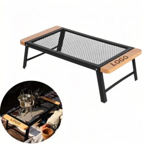 Portable Folding Iron Mesh Camp Table with Wood Handles