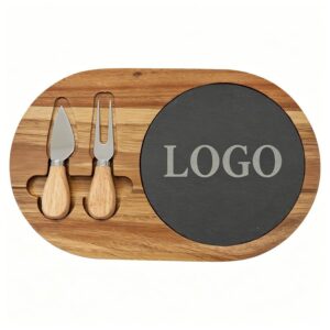 12½" x 7¾" Acacia Wood/Slate Oval Cheese Set w/ Two Tools