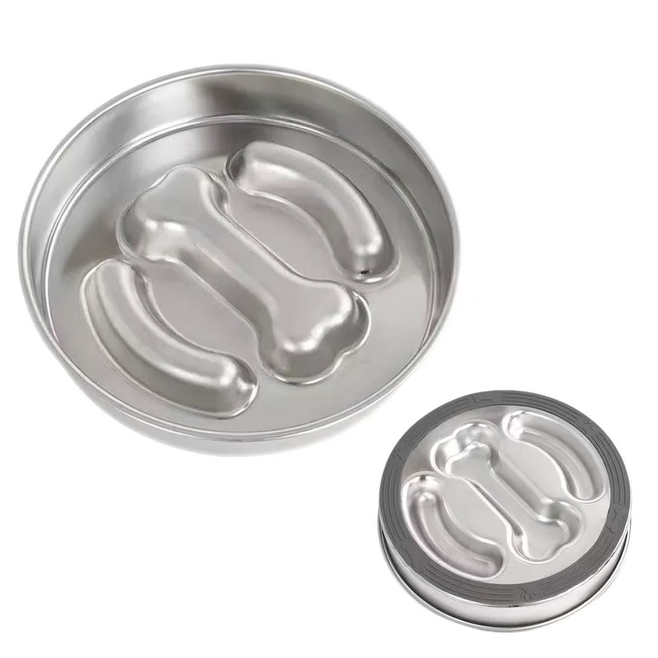 304 Stainless Steel Round Pet Slow Feeder Bowl with Bone Design