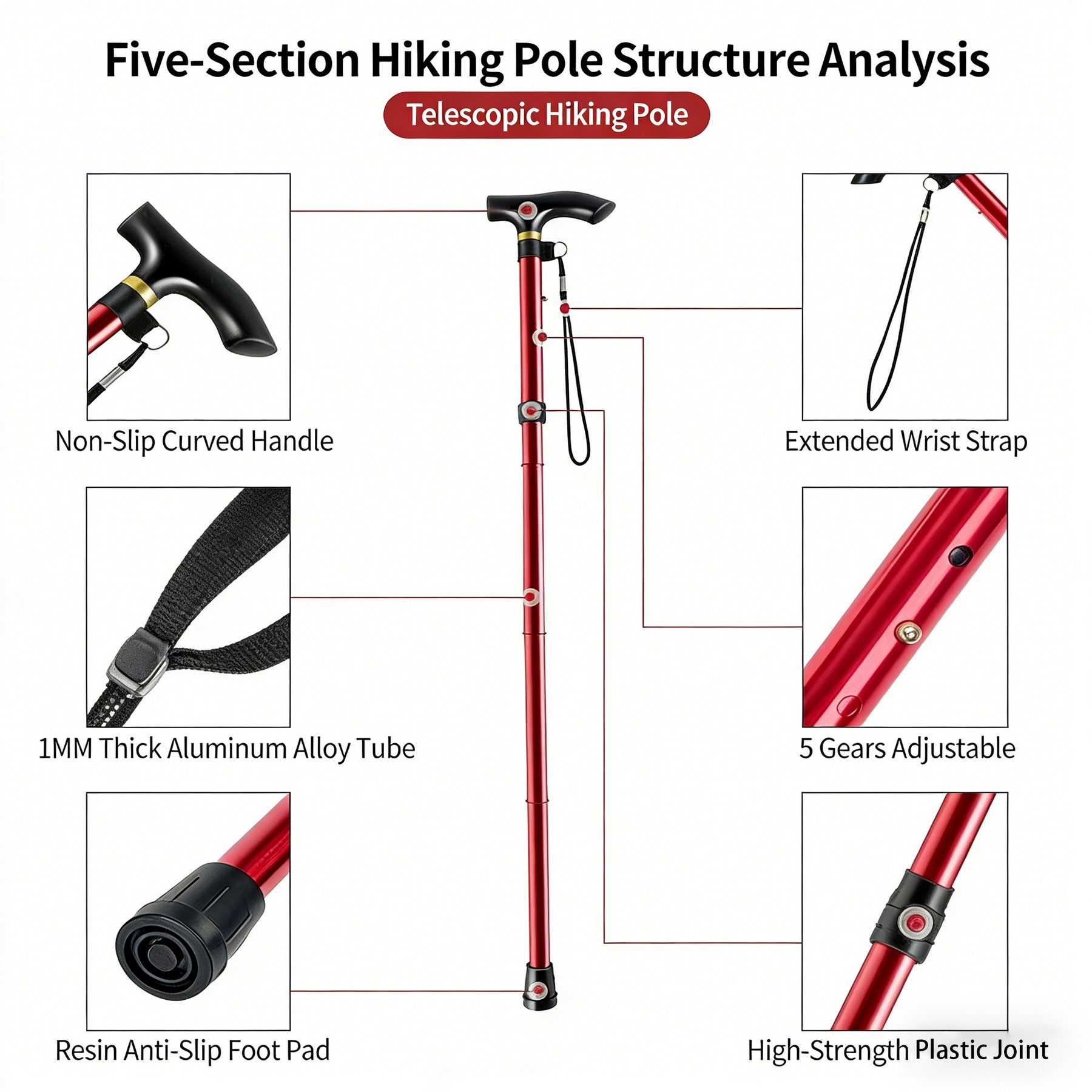 5 Section Collapsible Hiking & Walking Stick - Image 2