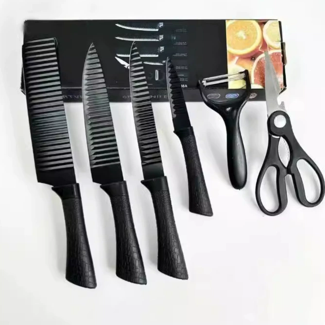 6PC Black Wave Non-Stick Stainless Kitchen Knife Set 238A Gift