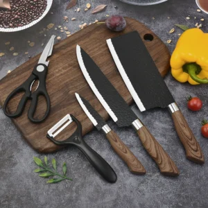 Hammered Forged 5PC Black Coated Handle Stainless Cleaver Gift Set