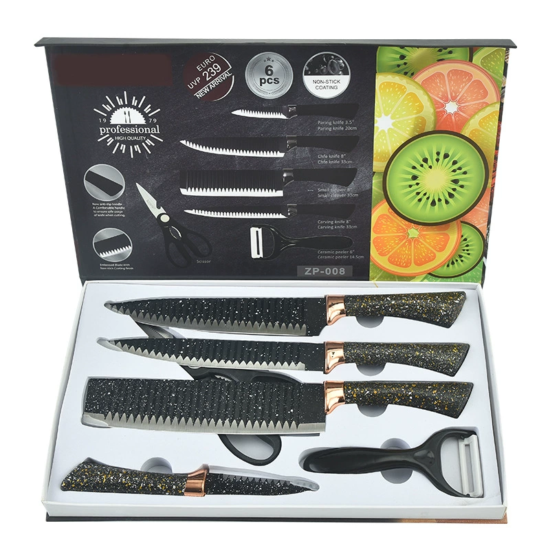 6PC Rose Gold Wave Speckled Stainless Horseshoe Handle Gift Knife Set - Image 4