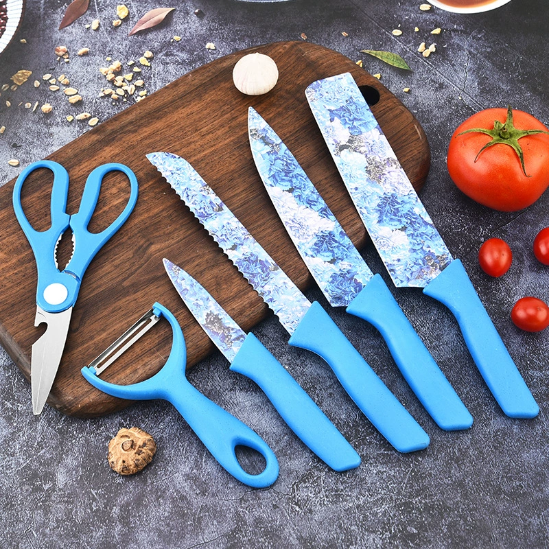 Heat Transfer Pattern 6PC Color Stainless Household Kitchen Knife Set - Image 2