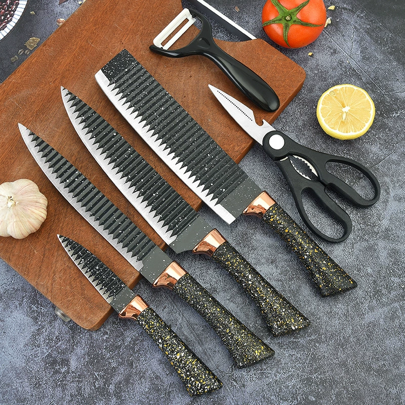 6PC Rose Gold Wave Speckled Stainless Horseshoe Handle Gift Knife Set - Image 3