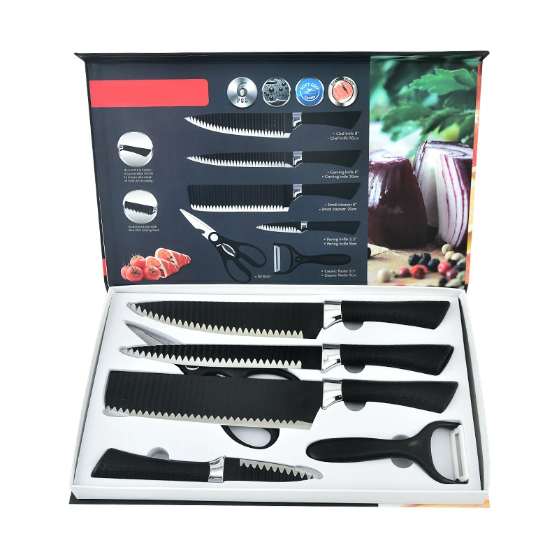 6PC Black Wave Non-Stick Stainless Kitchen Knife Set 238A Gift - Image 3