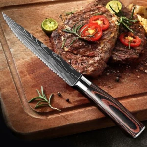 Damascus serrated stainless steel western steak knife for kitchen dining use