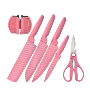 Pink Hex Diamond 6PC Stainless Cutlery Cleaver Set With Sharpener Gift Box
