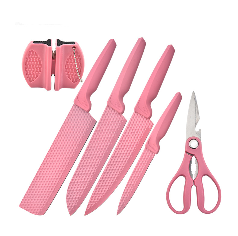 Pink Hex Diamond 6PC Stainless Cutlery Cleaver Set With Sharpener Gift Box