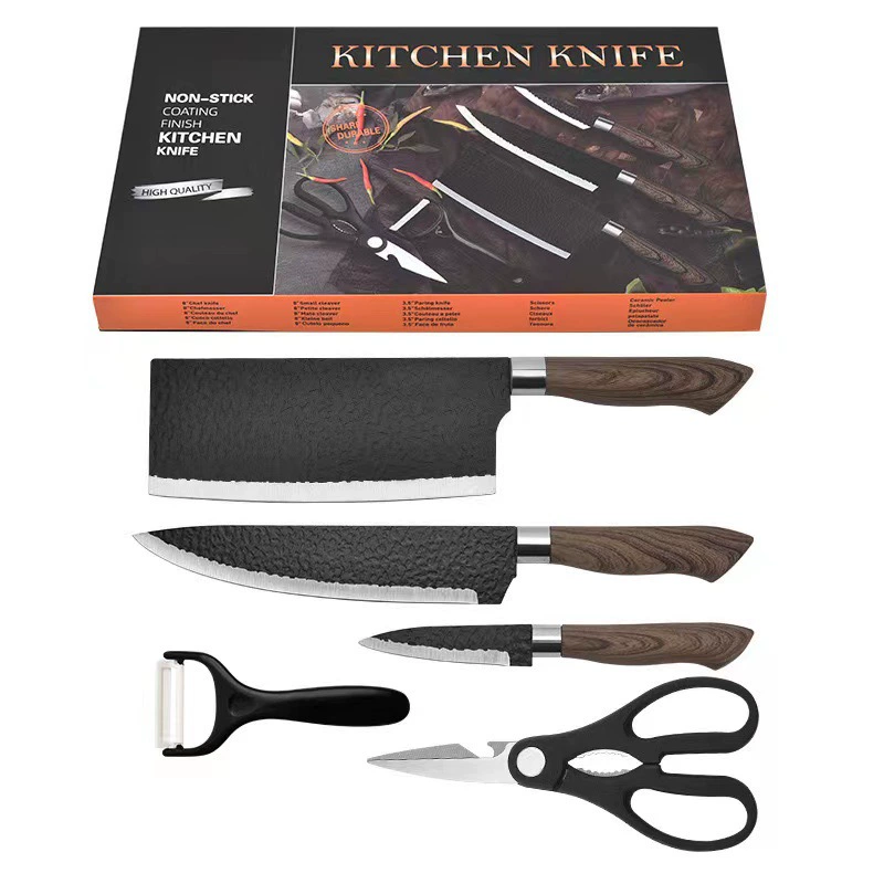 Hammered Forged 5PC Black Coated Handle Stainless Cleaver Gift Set - Image 4
