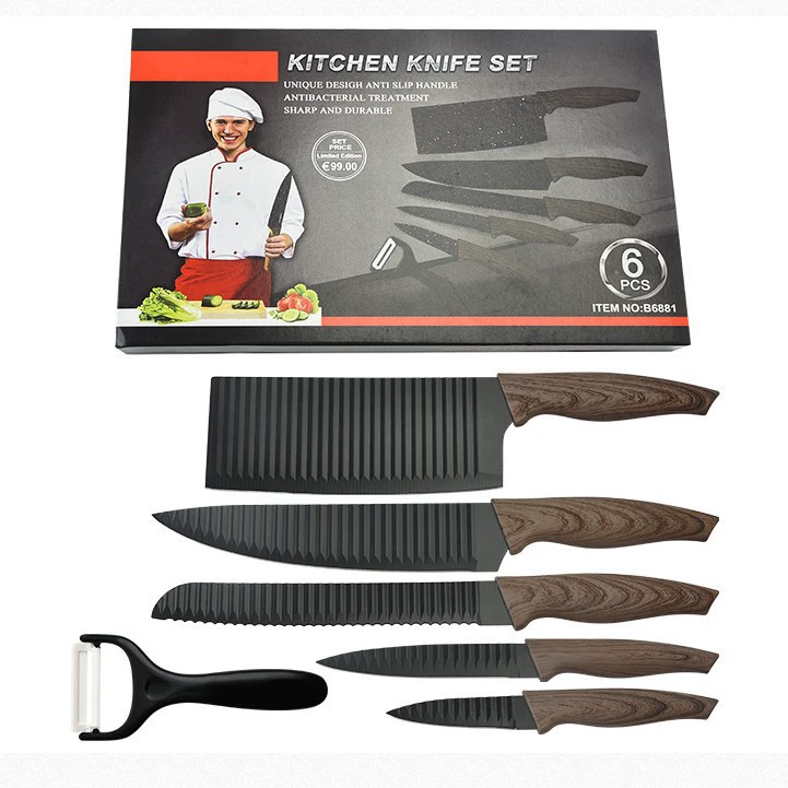 6Pcs Wave Pattern Wood Grain Handle Kitchen Cutlery Gift Set